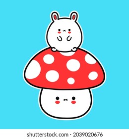 Cute Funny Little Baby Bunny On Amanita Mushroom. Vector Hand Drawn Cartoon Kawaii Character Illustration Icon. Bunny,rabbit, Amanita Mushroom, Mushrooming  Cartoon Concept