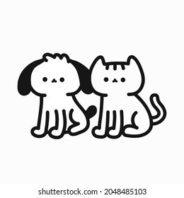 Black White contour Cat head couple family icon. Red heart. Cute funny  cartoon character. Word love Valentines day Greeting card. Kitty Whisker  Baby pet collection background. Isolated. Flat design. Stock Vector