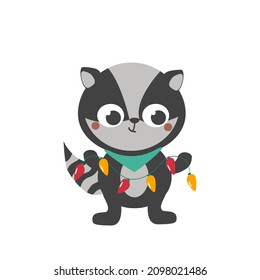 Cute funny little badger is holding a colorful festive garland. Christmas cute character. Merry Christmas. Vector illustration. Greeting card, sticker or banner.