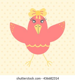 Cute funny little bird in cartoon style on a dotted background. Fauna symbol. Perfect  for greeting cards, design, children's clothing, wallpaper.