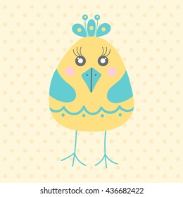 Cute funny little bird in cartoon style on a dotted background. Fauna symbol. Perfect  for greeting cards, design, children's clothing, wallpaper.