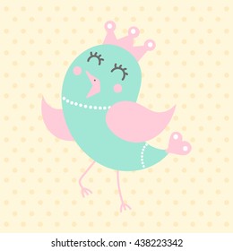 Cute funny little bird in cartoon style on a dotted background. Fauna symbol. Perfect  for greeting cards, design, children's clothing, wallpaper.