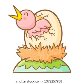Cute and funny little bird coming out from an egg