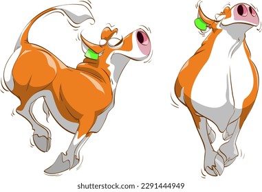 Cute funny little blond beef breed calves jumping very pleased and happy seen from front and side and isolated on illustration