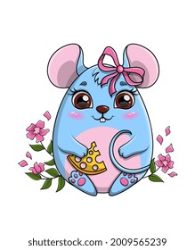 Cute funny little blue and pink cartoon mouse clutching a piece of cheese sitting amongst spring flowers, colored flat cartoon vector illustration isolated on white for use as a design element