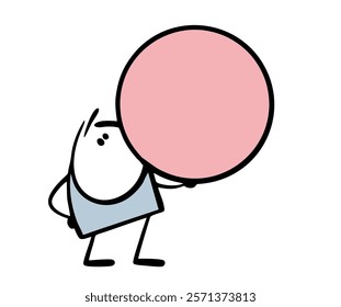 Cute funny little boy blew  huge pink bubble out of chewing gum. Vector illustration of cartoon character and  balloon. Isolated doodle child on white background.