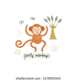 Cute and funny little brown monkey. Vector character in cartoon handdrawn style. Flat vector illustration isolated on white background. Card, poster composition design.
