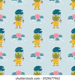 Cute funny little cartoon frogs wear yellow rain coats and rubber boots, hold leaf of water lily as umbrella, smile and stand in pond with pink water lilies, seamless vector background for kids.