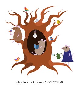 Cute funny little cartoon mice, birds and old tree