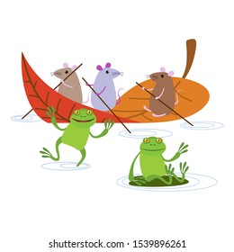 Cute funny little cartoon mice sail on a leaf to visit frogs