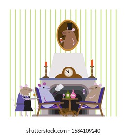Cute funny little cartoon mice sit by the fireplace drinking cocktails and smoking