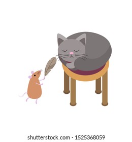 Cute funny little cartoon mouse tickles a cat's whiskers with a feather