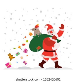 Cute funny little cartoon mouse throws gifts out of santa claus bag