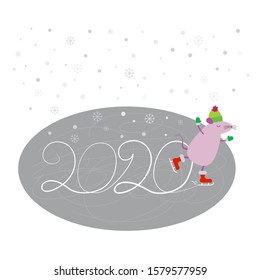Cute funny little cartoon mouse writes the inscription "2020" ice skates