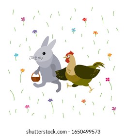 Cute funny little cartoon rabbit with a cock rushing to shop at the bazaar