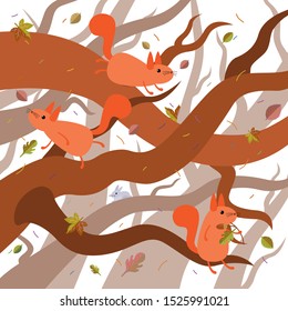 Cute funny little cartoon squirrels jumping on tree branches