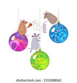 Cute funny little cartoon swinging on christmas balls