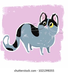 Cute funny little cat character. Grey funny kitten on pink background