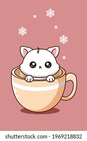 Cute and funny little cat in coffee cup animal cartoon illustration