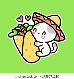 Cute funny little cat in mexican hat hugs burrito. Vector hand drawn cartoon kawaii character illustration icon. Mexican food burrito and cat cartoon sticker, poster, t-shirt print concept