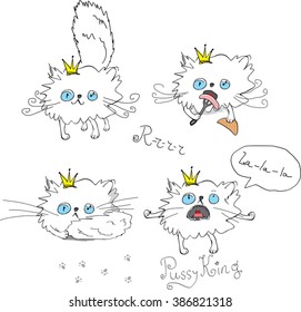 cute and funny little cat sings, plays and eats sausage. hand drawn style cartoon character / princess kitten / vector illustration