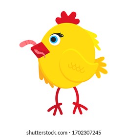 Cute funny little chick chiken hen cartoon flat style design vector illustration isolated on white background. Funny yellow chicken standing up on the ground.