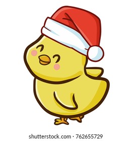 Cute and funny little chick wearing Santa's hat for Christmas and smiling - vector.