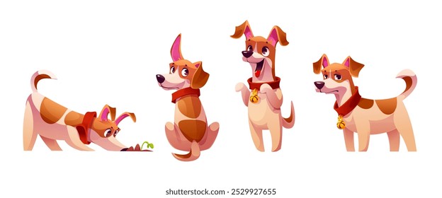 Cute funny little dog behavior. Cartoon brown puppy smelling grass in soil pile, sitting with his back turned and raised ear, joyful stands on hind legs with tongue sticking out, standing tired or sad