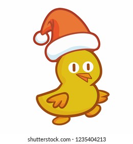 Cute and funny little duck walking and smiling happily wearing Santa's hat - vector.