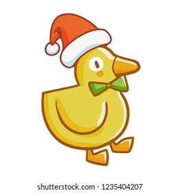 Cute and funny little duck wearing butterfly tie and wearing Santa's hat for christmas - vector.