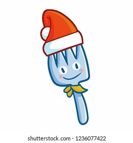 Cute and funny little fork smiling happily and wearing Santa's hat for christmas - vector.