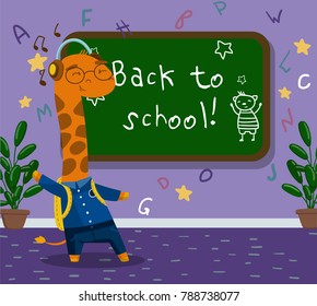 Cute funny little giraffe animal student in school uniform standing next to blackboard in the calssroom, back to school concept vector Illustration