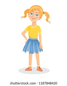 Cute funny little girl. Cartoon style, on white background