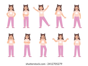 Cute funny little girl expressions. Emotional cartoon female character, toddler angry, sad and happy. Baby thinking and frustration, snugly vector set
