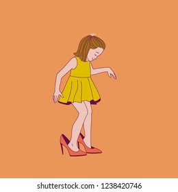 Cute funny little girl wearing big high-heeled mother's shoes. Vector illustration. Mother and daughter.
