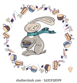 Cute funny little gray hare or rabbit in a warm blue scarf and a cup of tea hand-drawn, illustration isolated on white background. Bunny in a round frame of cake, cups, sweets and carrots. Vector