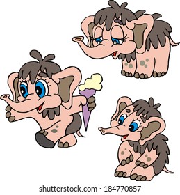 Cute funny little mammoth baby. Set of vector cartoon illustrations.