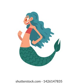 Cute Funny Little Mermaid with Turquoise Hair, Fairytale Mythical Creature Cartoon Character Vector Illustration