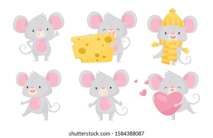 Cute Funny Little Mouse Cartoon Character Collection, Adorable Small Rodent Animal in Different Situations Vector Illustration