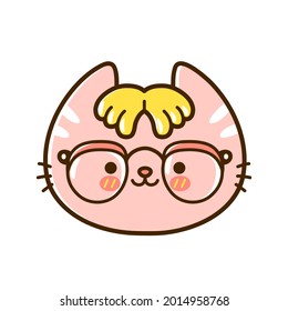 Cute funny little nerd baby cat face with glasses. Vector hand drawn cartoon kawaii character illustration logo icon. Isolated on white background. Pet, nerd kitty, geek cat icon concept