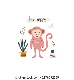 Cute and funny little rose monkey. Vector animal character in cartoon handdrawn style.Flat vector illustration isolated on white background. Card, poster design.