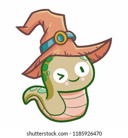 Cute and funny little snake wearing witch hat for Halloween - vector.