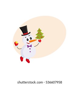 Cute and funny little snowman decorating a Christmas tree, cartoon vector illustration with background for text. Funny snowman in cylinder hat with an Xmas tree, holiday season decoration element