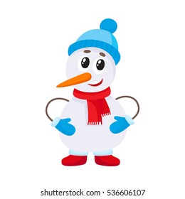 Cute and funny little snowman in hat and mittens, cartoon vector illustration isolated on white background. Funny snowman, Christmas holiday decoration element