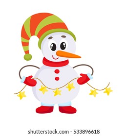 Cute and funny little snowman holding a garland, cartoon vector illustration isolated on white background. Funny snowman in hat and mittens with Christmas lights, holiday season decoration element