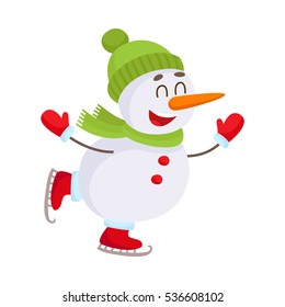 Cute and funny little snowman ice skating happily, cartoon vector illustration isolated on white background. Happy ice skating snowman in hat and mittens, Christmas season decoration element