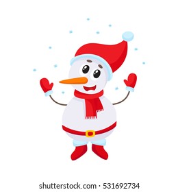 Cute and funny little snowman under falling snow, cartoon vector illustration isolated on white background. Funny snowman in hat and mittens happy with snowfall, Christmas season decoration element