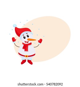 Cute funny little snowman under falling snow, cartoon vector illustration isolated with background for text. Funny snowman in hat and mittens happy with snowfall, Christmas season decoration element