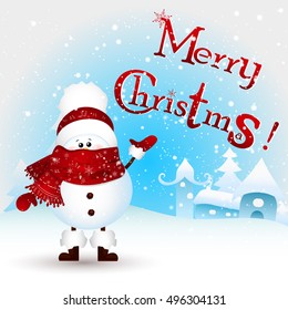 Cute, funny, little Snowman wishing  Merry Christmas and happy new year in Christmas snow scene. Design template for flyer, banner, invitation, congratulation, poster design. Vector illustration. 