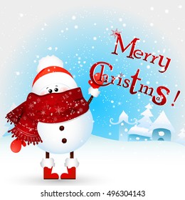 Cute, funny, little Snowman wishing  Merry Christmas and happy new year in Christmas snow scene. Design template for flyer, banner, invitation, congratulation, poster design. Vector illustration. 